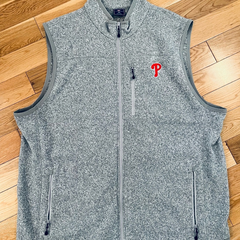 Vineyard Vines Gray Quilted Fleece Vest with Red Phillies P Patch